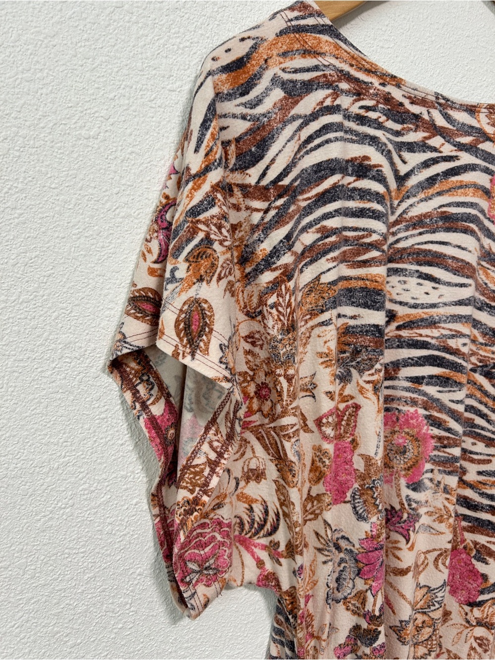 Asymmetrical Scoop Neck Dress - Cream with Pink & Brown Floral Zebra Print